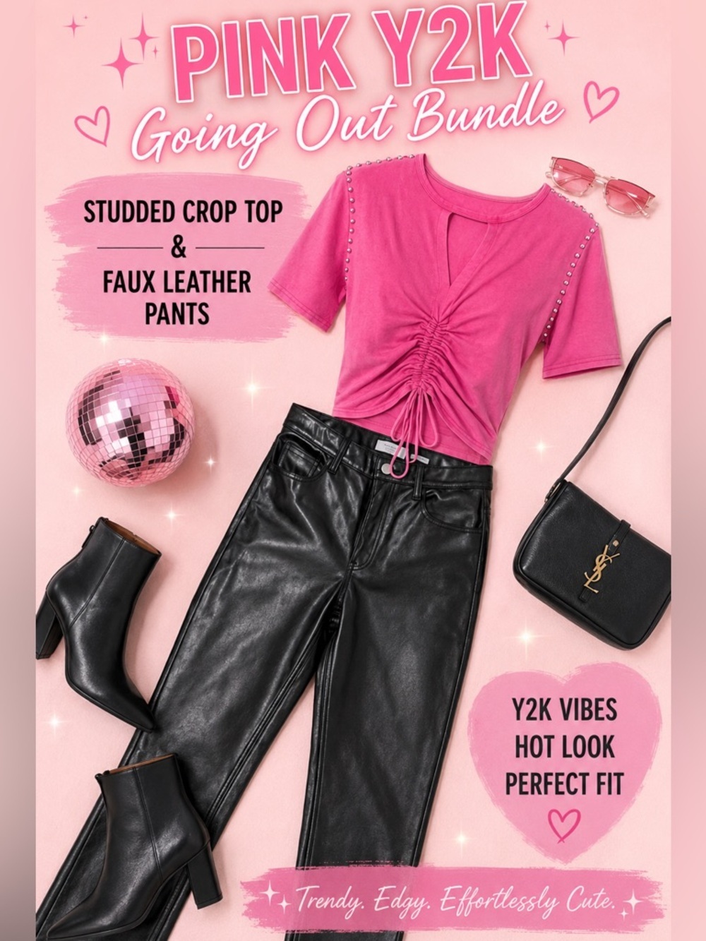 Pink Y2K Going Out Bundle Studded Crop Top & Faux Leather Pants Outfit
